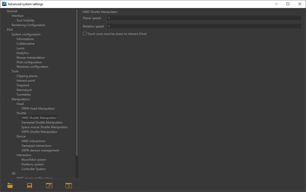 Shuttle Manipulator settings window