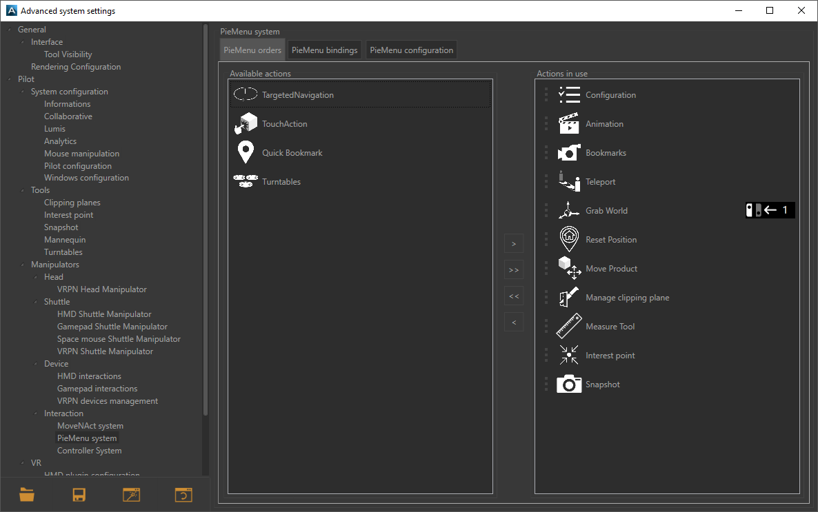 The PieMenu advanced settings window