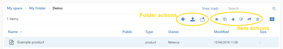 Available actions for current folders and selected items.