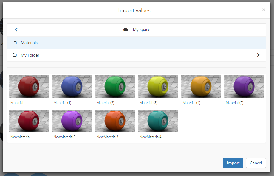 The Import values window allows you to navigate through your spaces to select KMT files as values for your parameter.