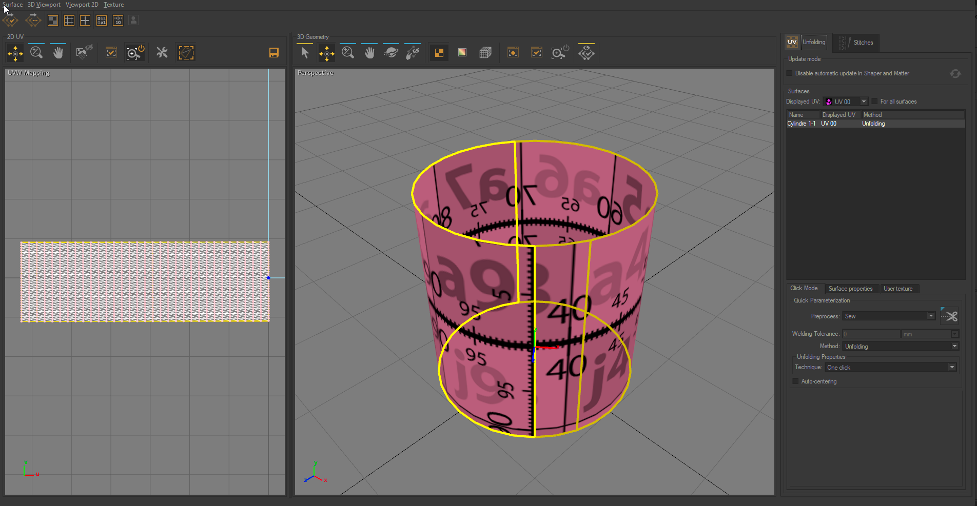 UV-mapping obtained when defining a cutting path in the surface cutting workshop.