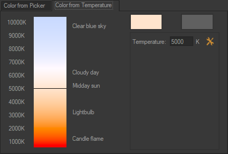 The Color from temperature tab provides an alternative method of setting a color by choosing the temperature of a light source and applying the corresponding color.