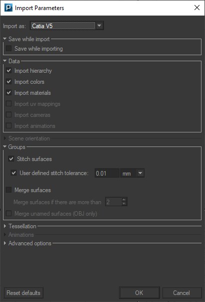 The Import Parameters dialog box for a CATPart file.