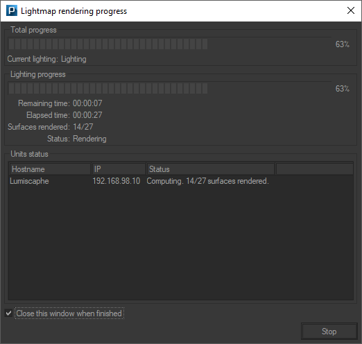 Lightmap rendering progress monitoring window.