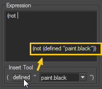 Using the Insert Tool to insert the simple expression "(defined "paint.black")" in a complex expression.
