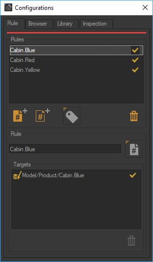 Rule "Cabin.Blue" determines the visibility of aspect layer Model/Product/Cabin.Blue.
