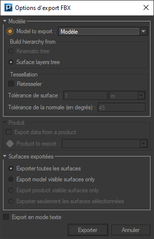 The FBX Export Options dialog box.