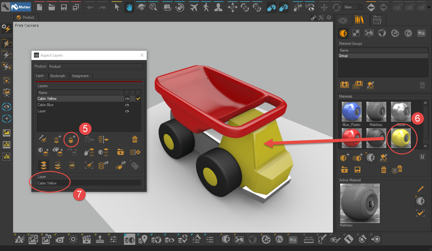 Drag-and-drop a new material on the element in order to assign to the aspect layer the new value taken by the element linked to the configuration.