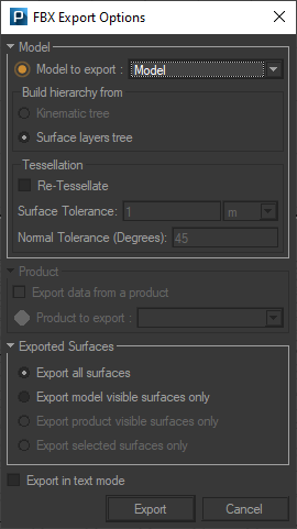 The FBX Export Options dialog box.