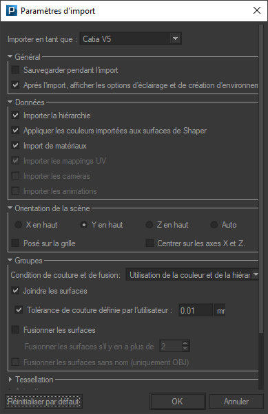 The Import Parameters dialog box for a CATPart file.