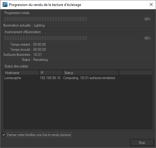 Lightmap rendering progress monitoring window.