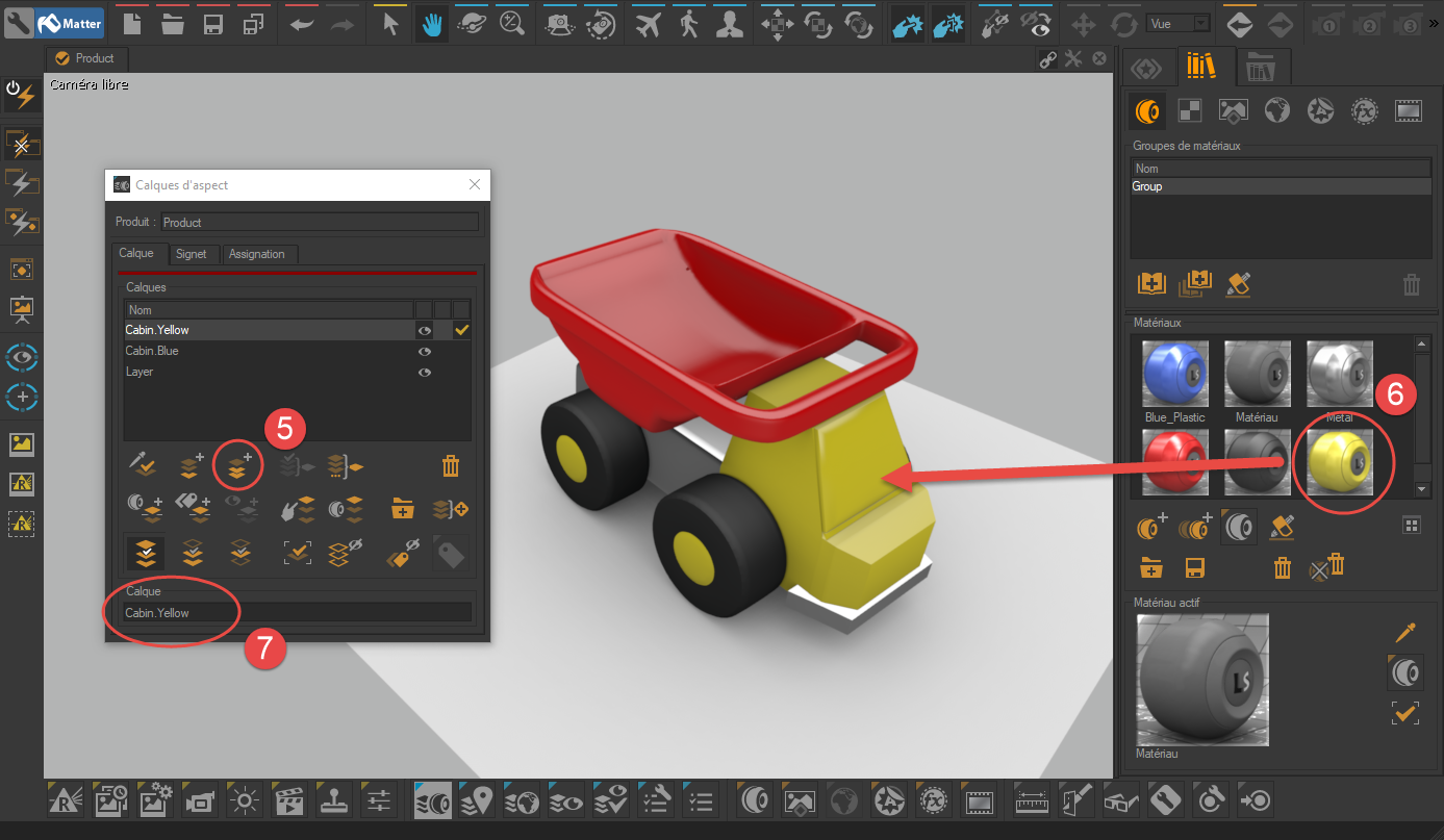 Drag-and-drop a new material on the element in order to assign to the aspect layer the new value taken by the element linked to the configuration.