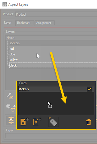 Dragging and dropping a selection of aspect layers into the Rules zone makes the Parameter Editor appear.