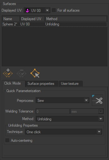 The Surfaces box allows you to manage and select unfolding UV methods.