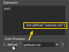 Using the Insert Tool to insert the simple expression "(defined "paint.black")" in a complex expression.