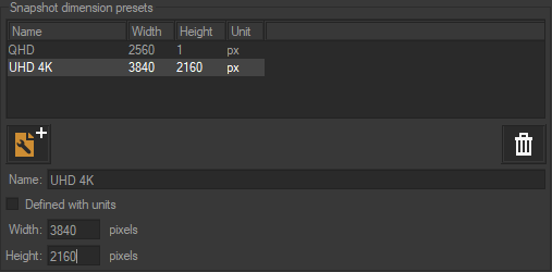 Set here the snapshot size presets.
