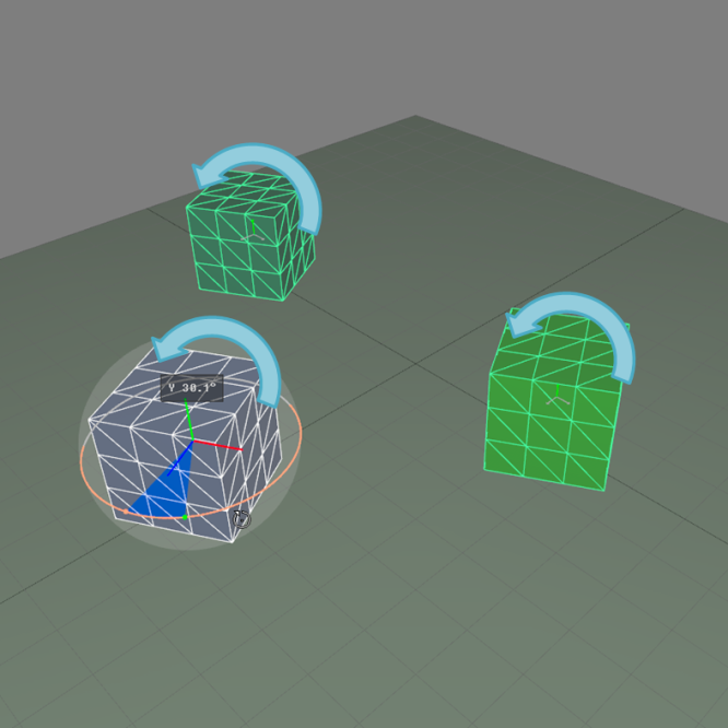 Rotation applied to the surface selection presented in the previous figure relative to the selection leader's pivot (left) and relative to the surfaces' individual pivot (right).