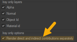 Snapshot Iray option: Render direct and indirect contributions separately