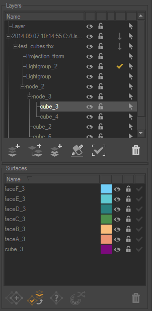 Layer hierarchy from data in the FBX format in Patchwork 3D (right).