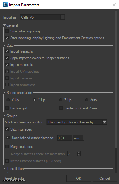 The Import Parameters dialog box for a CATPart file.