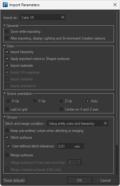 The Import Parameters dialog box for a CATPart file.