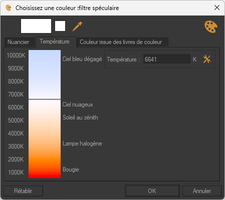 The "Color from temperature" tab provides an alternative method of setting a color by choosing the temperature of a light source and applying the corresponding color.