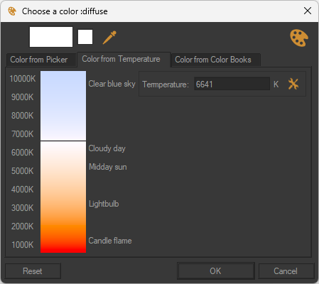 The "Color from temperature" tab provides an alternative method of setting a color by choosing the temperature of a light source and applying the corresponding color.