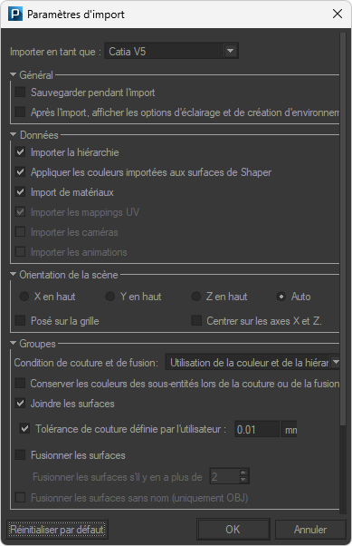 The Import Parameters dialog box for a CATPart file.