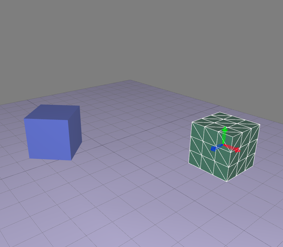 Positioning the blue cube's pivot relative to the parent surface's pivot, the green cube’s.