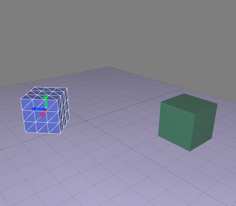 Positioning the blue cube's pivot relative to the parent surface's pivot, the green cube’s.