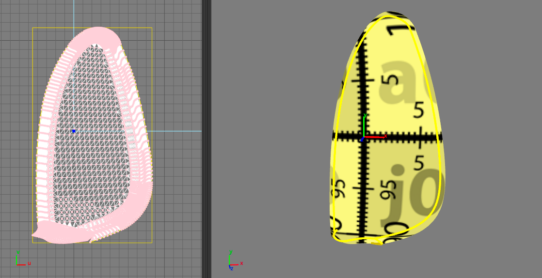 UV mapping of a surface unfolded using the one-click method and corresponding 3D view.