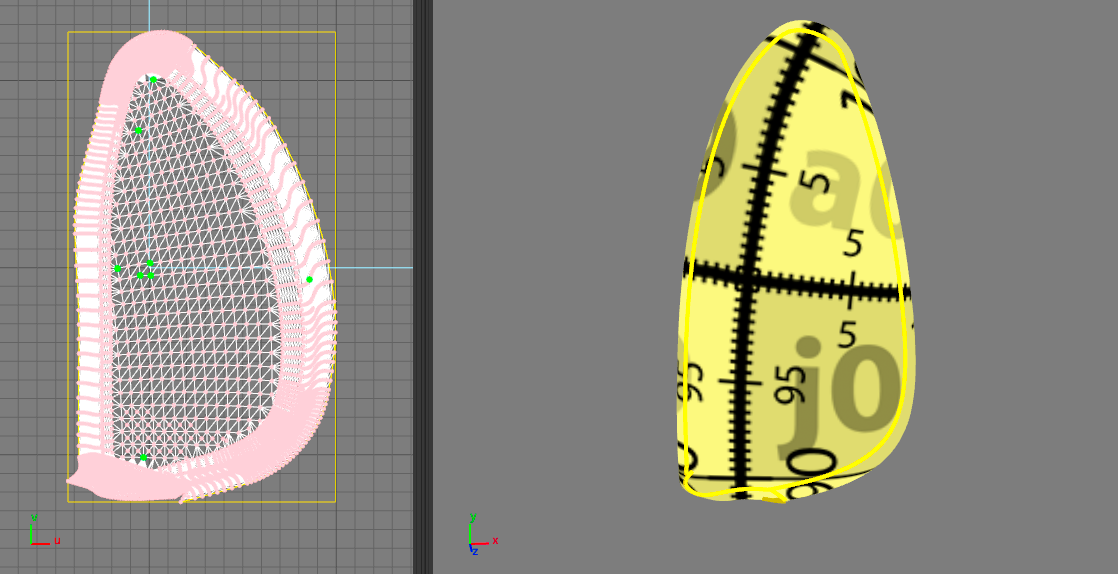 UV mapping of the surface after an additional constraint was added and corresponding 3D view.