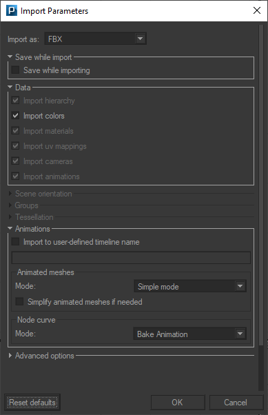 The Import Parameters dialog box for an FBX file.