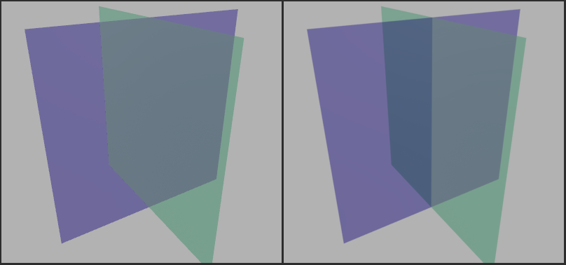 Intersecting transparent surfaces rendered with standard transparency (left) and enhanced transparency (right).