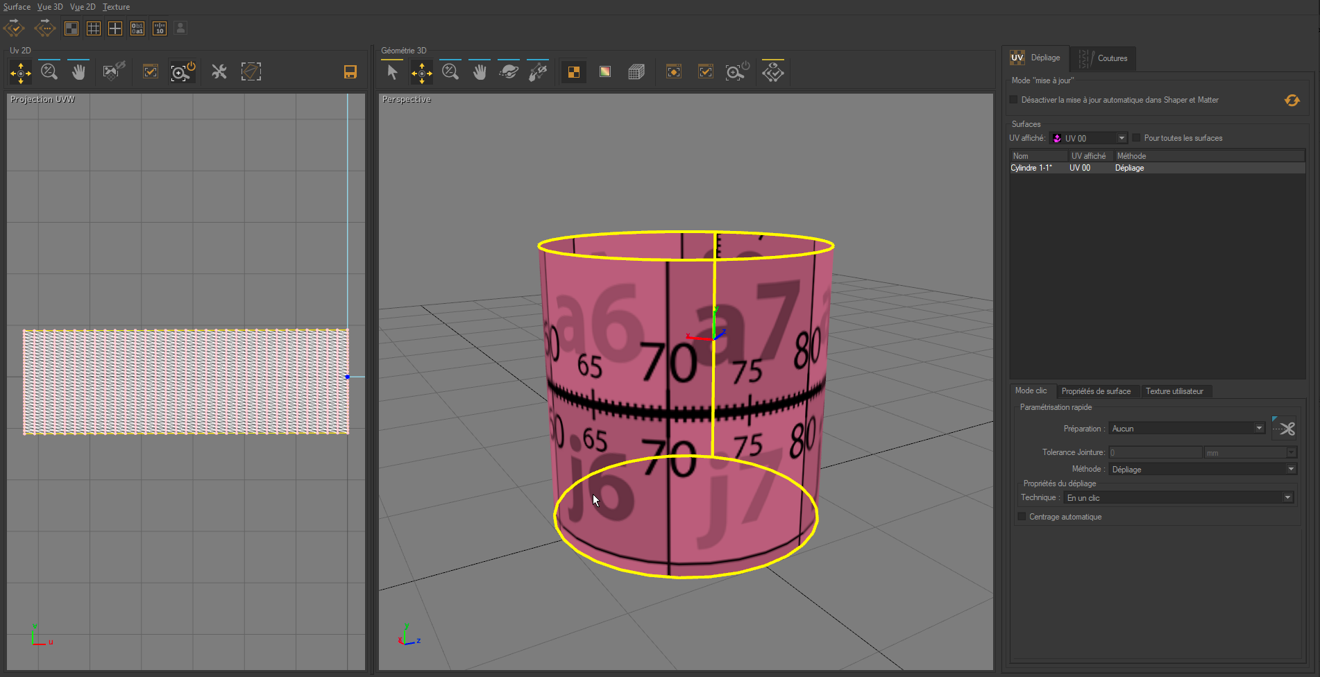 UV-mapping obtained when defining a cutting path in the surface cutting workshop.