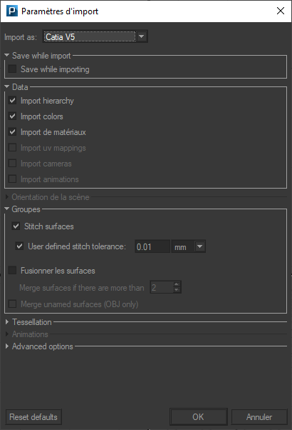 The Import Parameters dialog box for a CATPart file.