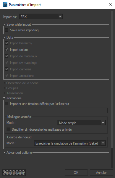 The Import Parameters dialog box for an FBX file.