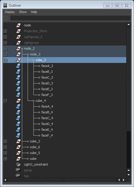 Layer hierarchy from data in the FBX format in Maya (left).