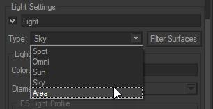 Selection of the Area light type.