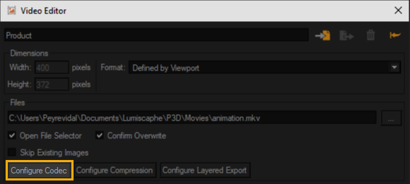 Access to video format settings.