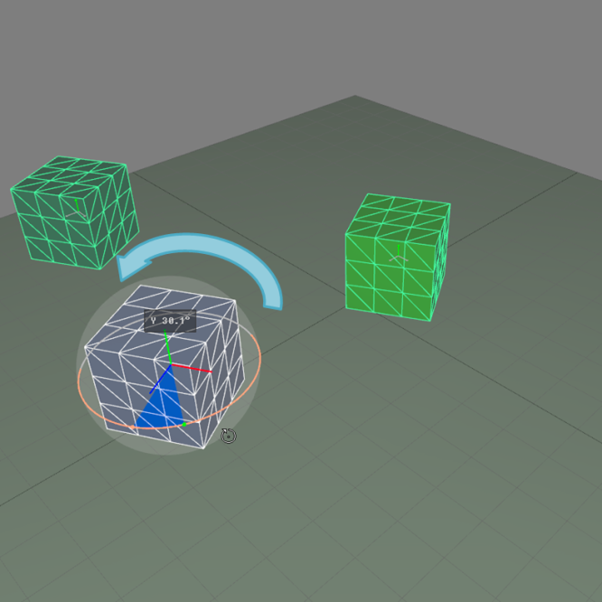 Rotation applied to the surface selection presented in the previous figure relative to the selection leader's pivot (left) and relative to the surfaces' individual pivot (right).