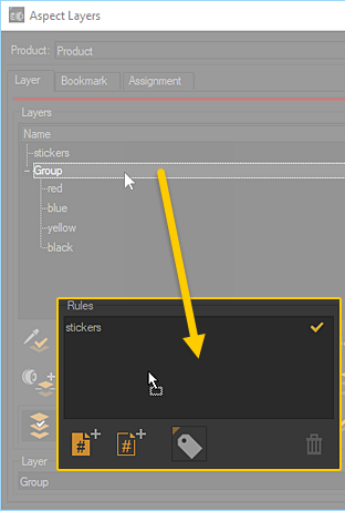 Dragging and dropping a selection of aspect layers into the Rules zone makes the Parameter Editor appear.