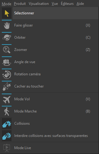 Available tools from the Mode menu.
