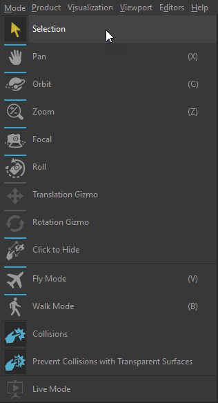 Available tools from the Mode menu.