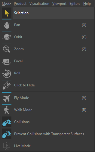 Available tools from the Mode menu.