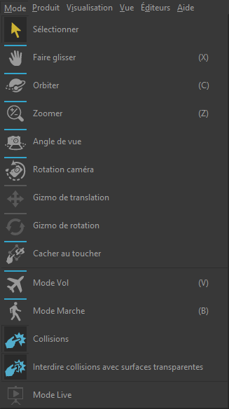 Available tools from the Mode menu.